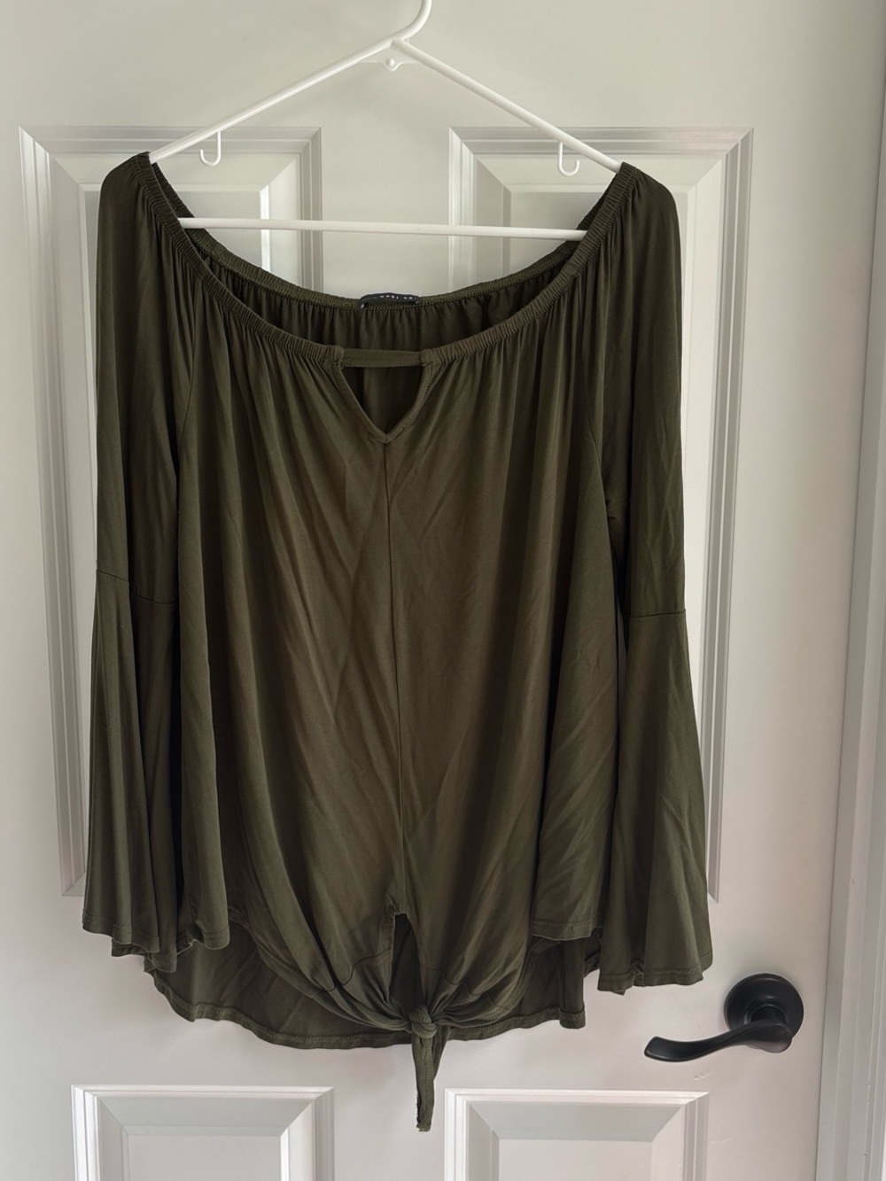 West Kei Olive Green Off-Shoulder Bell Sleeve Tie-Front Tunic